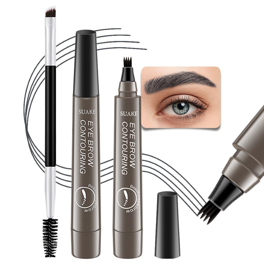 Kaely 2Pcs Microblading Eyebrow Pen with Brow BrushMagical Precise Waterproof Brow PenSuake Eyebrow Contouring Pen4 Tip Eye Brow Pencils for WomenCreates Natural BrowsSponge Head 04 Grey